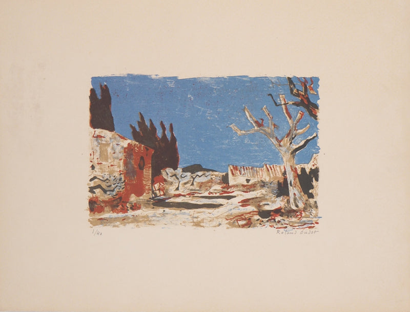 Roland OUDOT : Provence : Oliviers dans le jardin - Lithographie (détail)