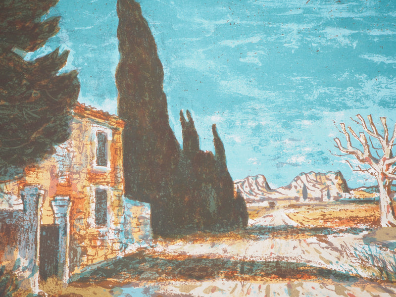 Roland OUDOT : Provence : le vieux mas en pierre - Lithographie (détail)