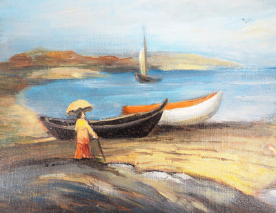 Michel PABOIS : Deux barques bretonnes au bord de l'eau - Tableau (détail)