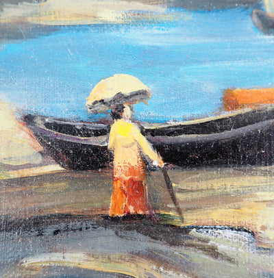 Michel PABOIS : Deux barques bretonnes au bord de l'eau - Tableau (détail)