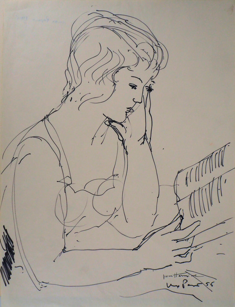 Max PAPART : Femme lisant un livre, 1956 - Dessin (détail)