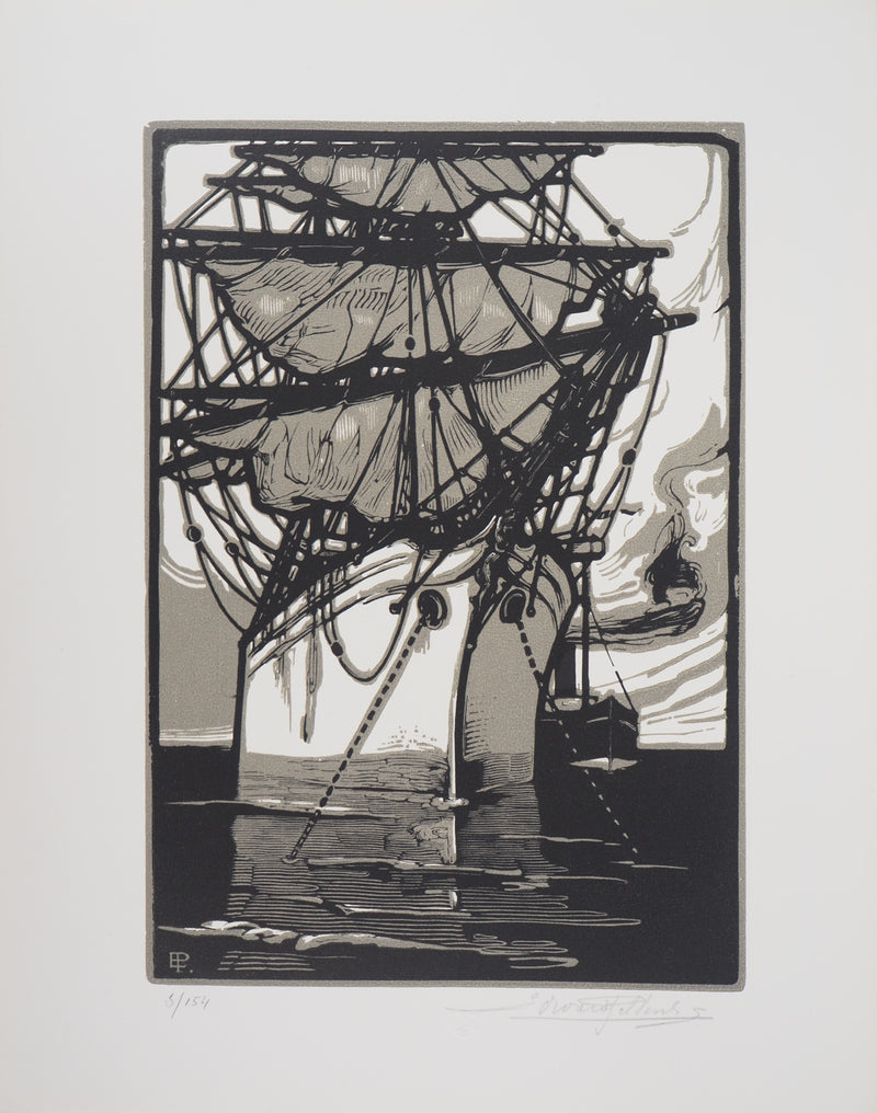 Edouard PELLENS : Voilier au repos, 1922 - Gravure sur bois