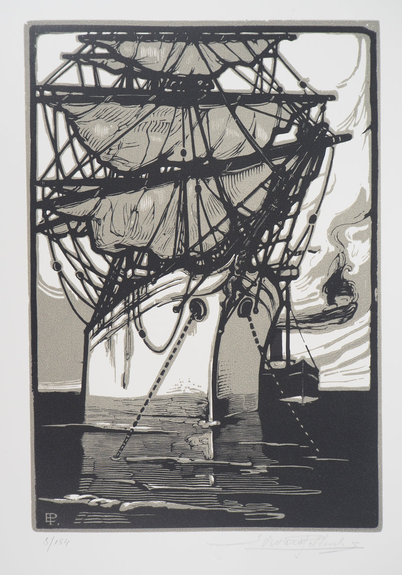 Edouard PELLENS : Voilier au repos, 1922 - Gravure sur bois (détail)