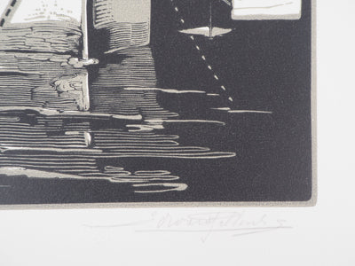 Edouard PELLENS : Voilier au repos, 1922 - Gravure sur bois (détail)