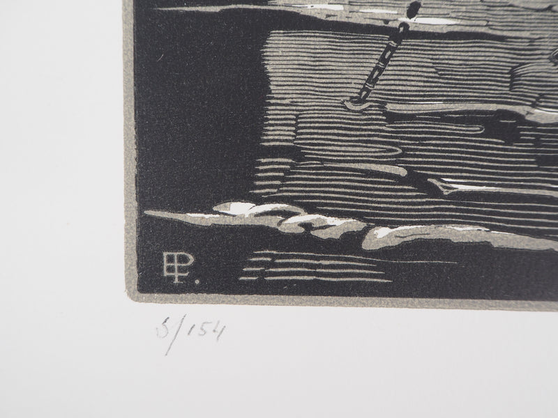 Edouard PELLENS : Voilier au repos, 1922 - Gravure sur bois (détail)
