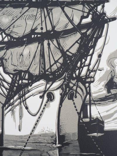 Edouard PELLENS : Voilier au repos, 1922 - Gravure sur bois (détail)