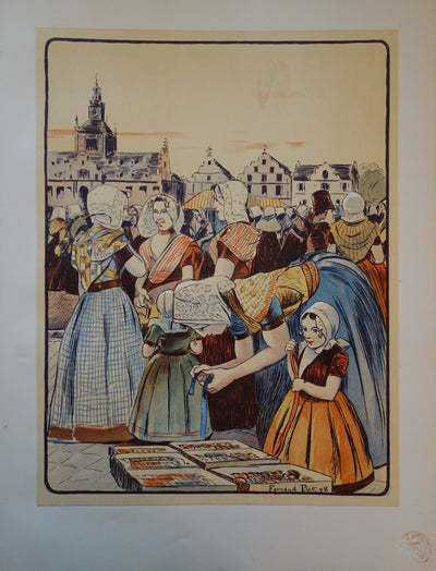Fernand PIET : Un marché en Zélande - Lithographie