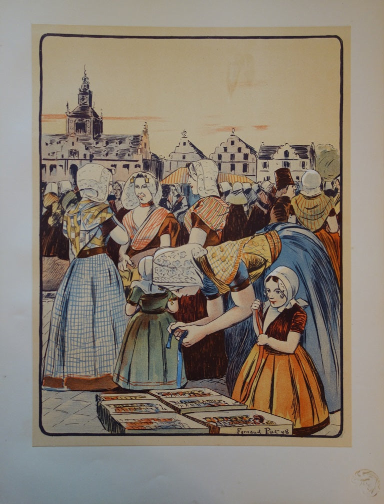 Fernand PIET : Un marché en Zélande - Lithographie