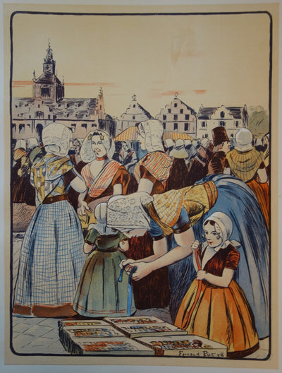 Fernand PIET : Un marché en Zélande - Lithographie (détail)