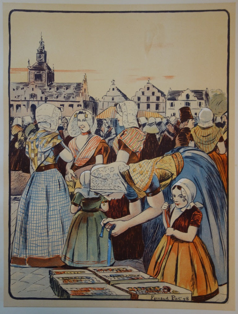 Fernand PIET : Un marché en Zélande - Lithographie (détail)