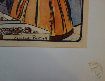 Fernand PIET : Un marché en Zélande - Lithographie (détail)