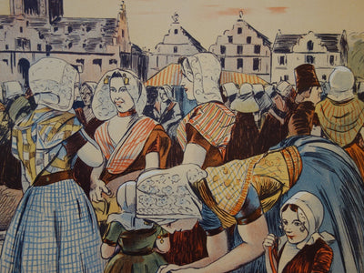 Fernand PIET : Un marché en Zélande - Lithographie (détail)
