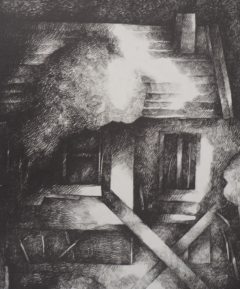 Jean-Pierre PLUNDR : La cabane - Lithographie (détail)