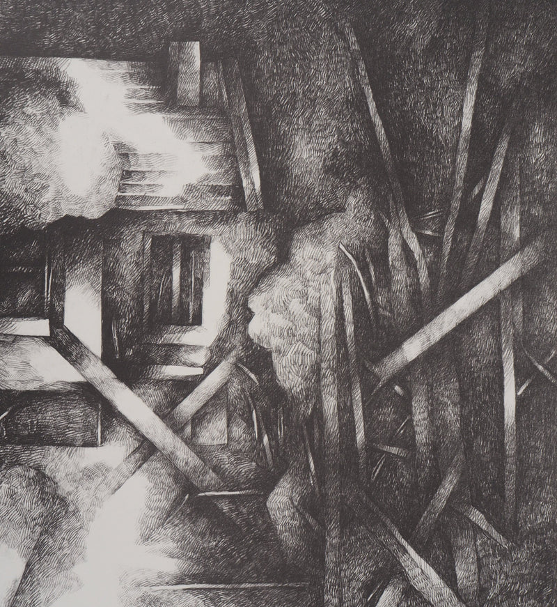 Jean-Pierre PLUNDR : La cabane - Lithographie (détail)