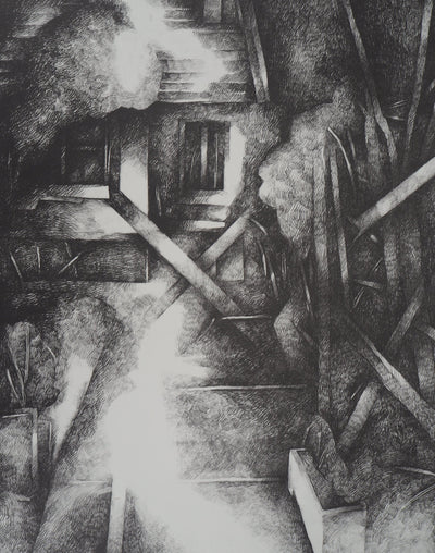 Jean-Pierre PLUNDR : La cabane - Lithographie (détail)