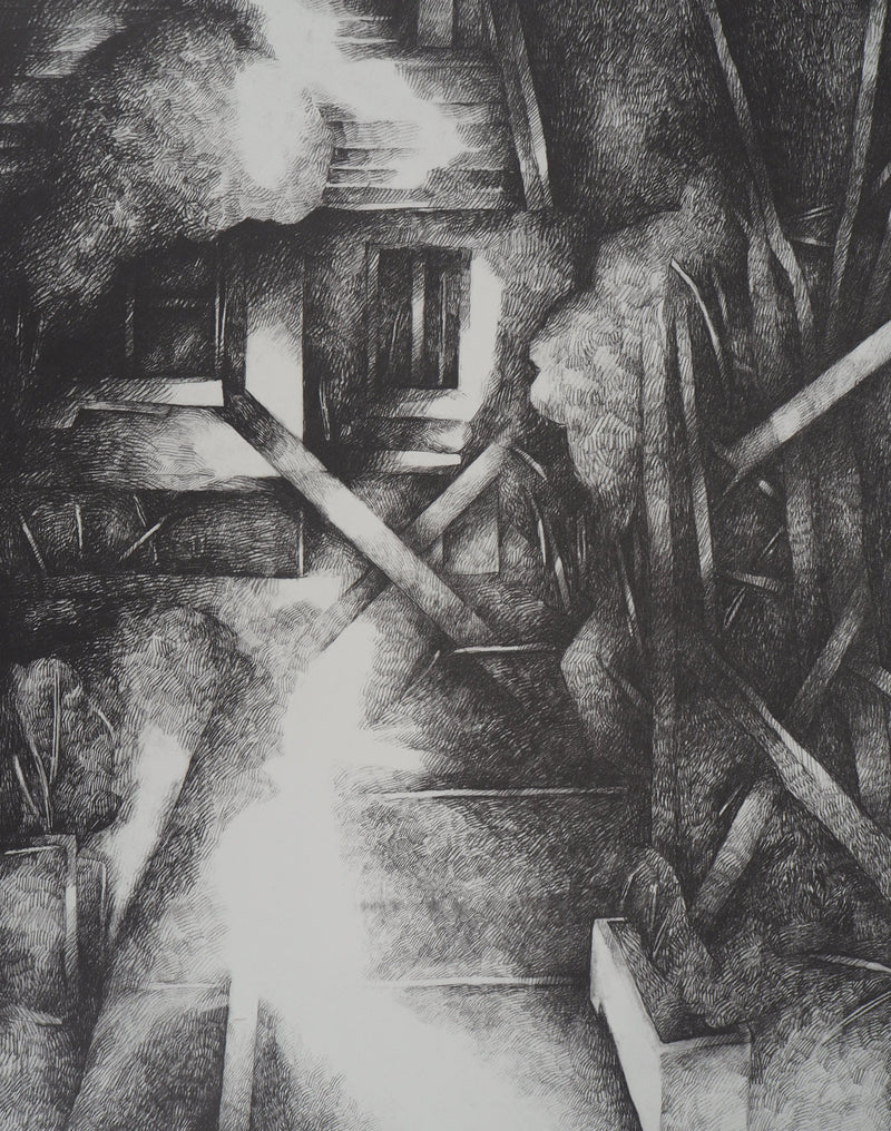 Jean-Pierre PLUNDR : La cabane - Lithographie (détail)