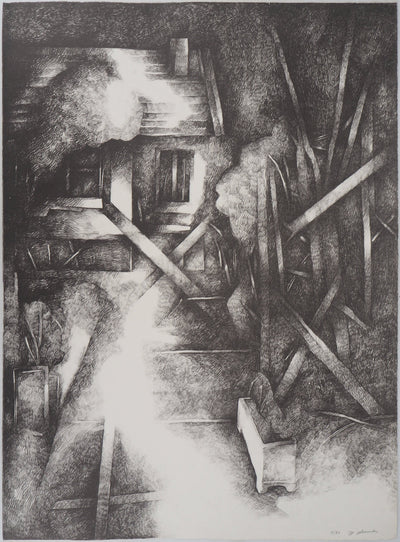Jean-Pierre PLUNDR : La cabane - Lithographie (détail)