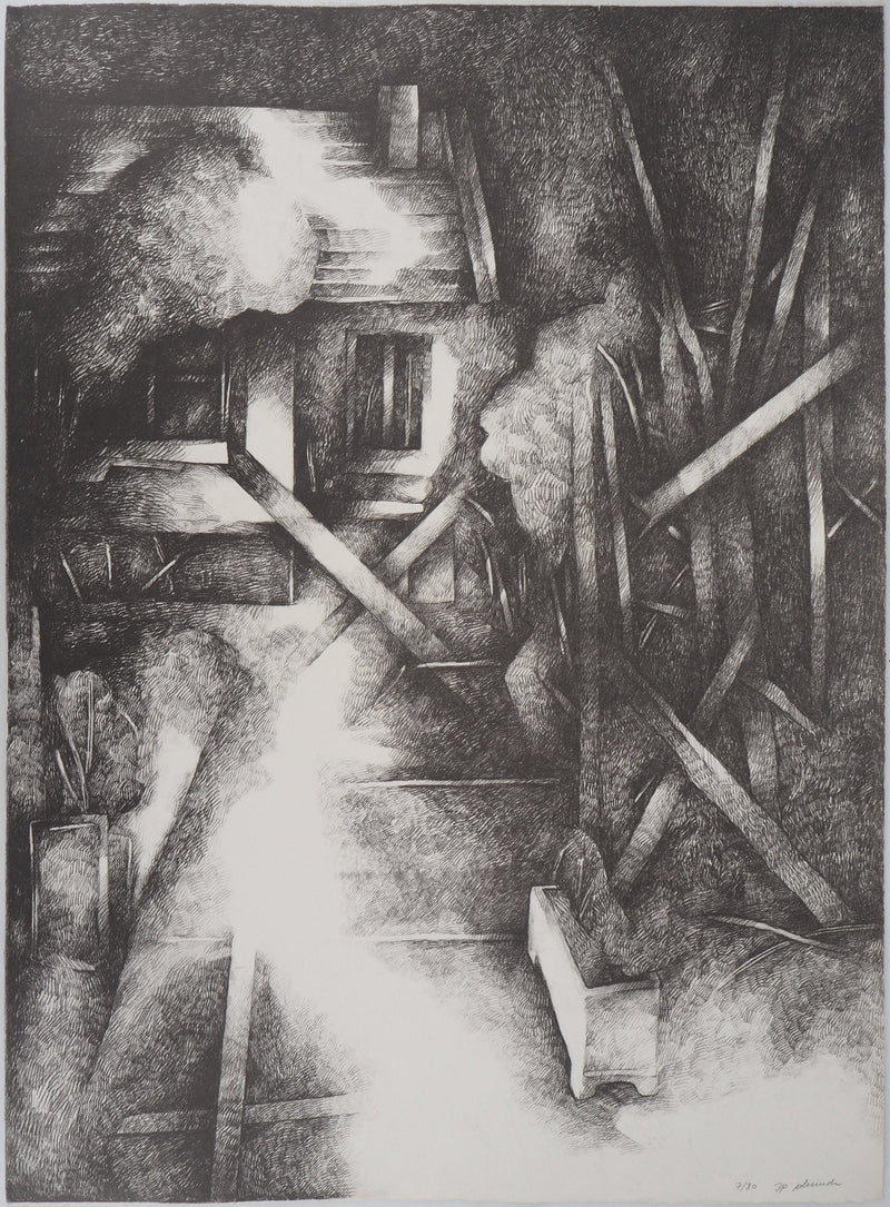 Jean-Pierre PLUNDR : La cabane - Lithographie (détail)