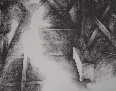 Jean-Pierre PLUNDR : La cabane - Lithographie (détail)