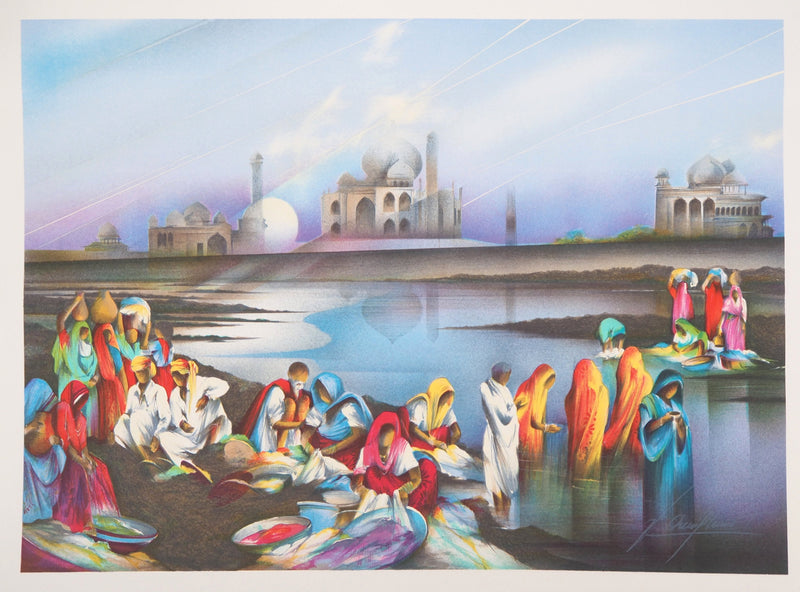 Raymond POULET : La vie autour du Taj Mahal - Lithographie