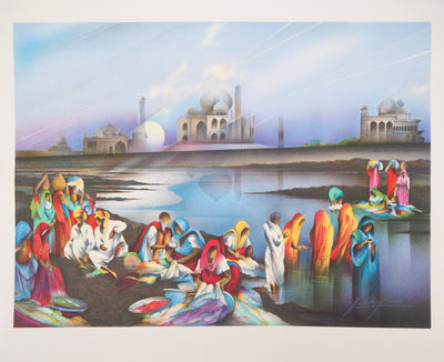 Raymond POULET : La vie autour du Taj Mahal - Lithographie (détail)