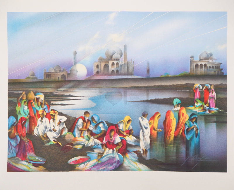 Raymond POULET : La vie autour du Taj Mahal - Lithographie (détail)