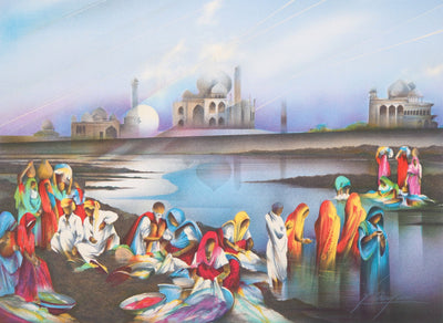 Raymond POULET : La vie autour du Taj Mahal - Lithographie (détail)