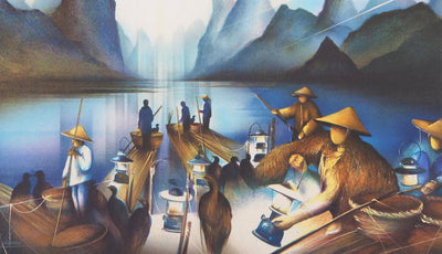 Raymond POULET : Vie nautique à Vietnam - Lithographie (détail)