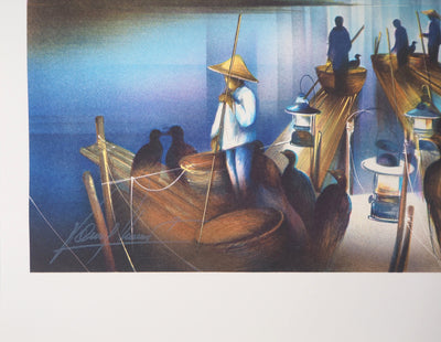 Raymond POULET : Vie nautique à Vietnam - Lithographie (détail)
