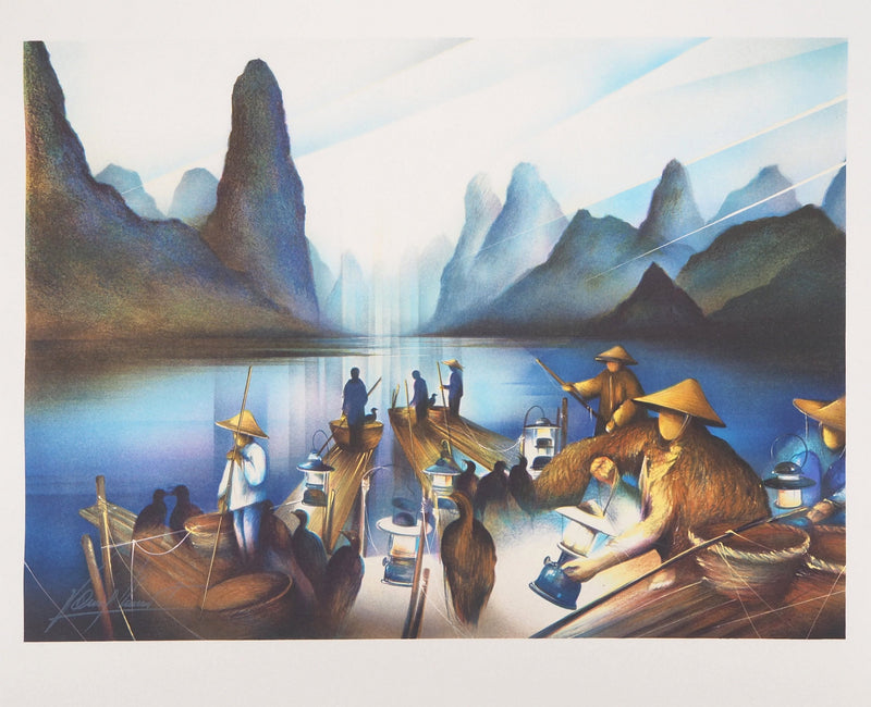 Raymond POULET : Vie nautique à Vietnam - Lithographie (détail)