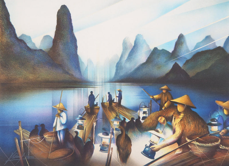 Raymond POULET : Vie nautique à Vietnam - Lithographie (détail)