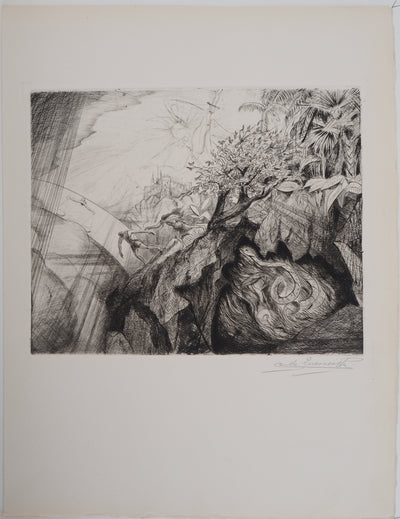 Camille QUESNEVILLE : Adam et Eve chassés de l'Eden, vers 1950 - Gravure