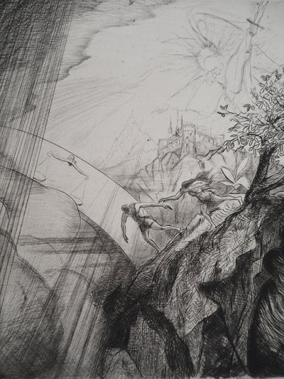 Camille QUESNEVILLE : Adam et Eve chassés de l'Eden, vers 1950 - Gravure (détail)