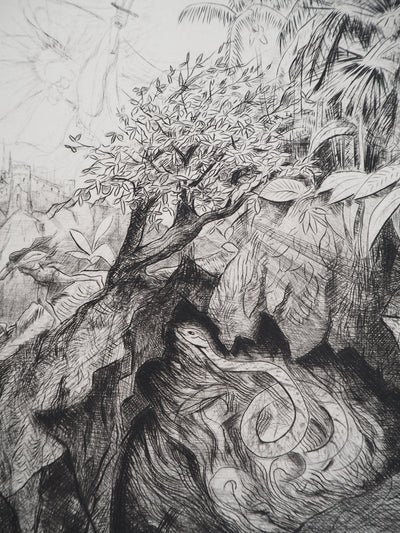 Camille QUESNEVILLE : Adam et Eve chassés de l'Eden, vers 1950 - Gravure (détail)