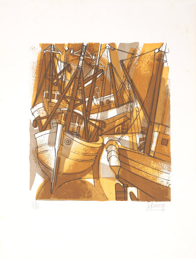 Jones QUINCEY : Marine : Bateaux enchevêtrés - Lithographie