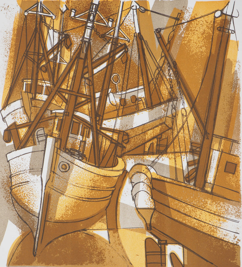 Jones QUINCEY : Marine : Bateaux enchevêtrés - Lithographie (détail)