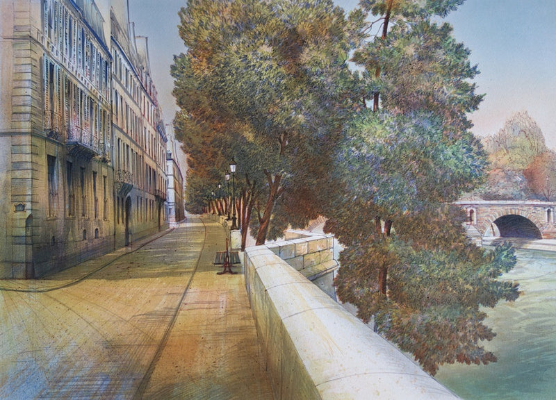 Rolf RAFFLEWSKI : Paris : Quai de Béthune - Lithographie (détail)