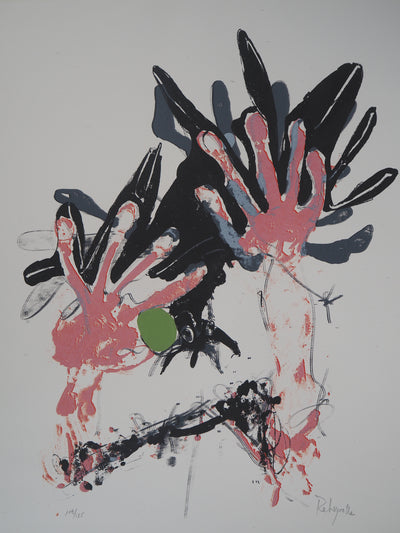 Paul REBEYROLLE : Les Mains : Corbeau saisi en vol, 1970 - Lithographie (détail)