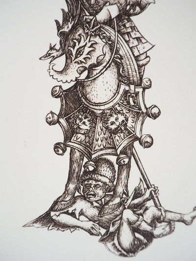 Cécile REIMS : Le chevalier - Gravure (détail)