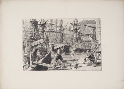 Matthew Withe RIDLEY : Le débarquement au port - Gravure (détail)