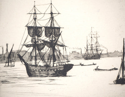 Matthew Withe RIDLEY : Voiliers près du quai - Gravure (détail)