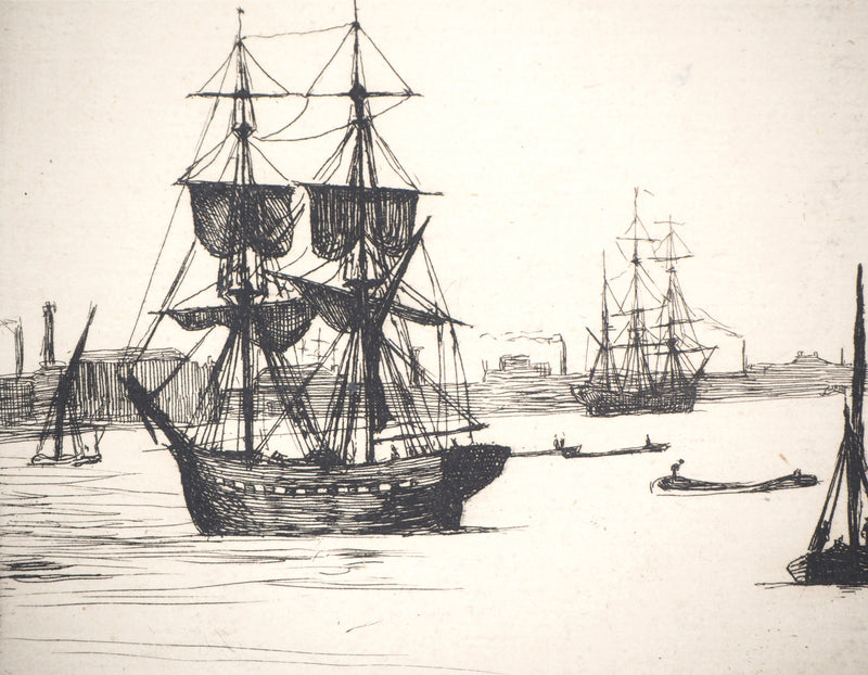 Matthew Withe RIDLEY : Voiliers près du quai - Gravure (détail)