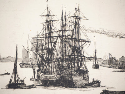 Matthew Withe RIDLEY : Voiliers près du quai - Gravure (détail)
