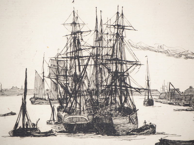 Matthew Withe RIDLEY : Voiliers près du quai - Gravure (détail)