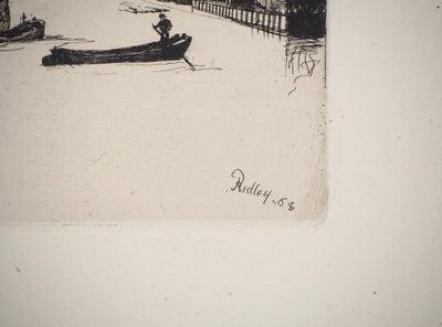 Matthew Withe RIDLEY : Voiliers près du quai - Gravure (détail)