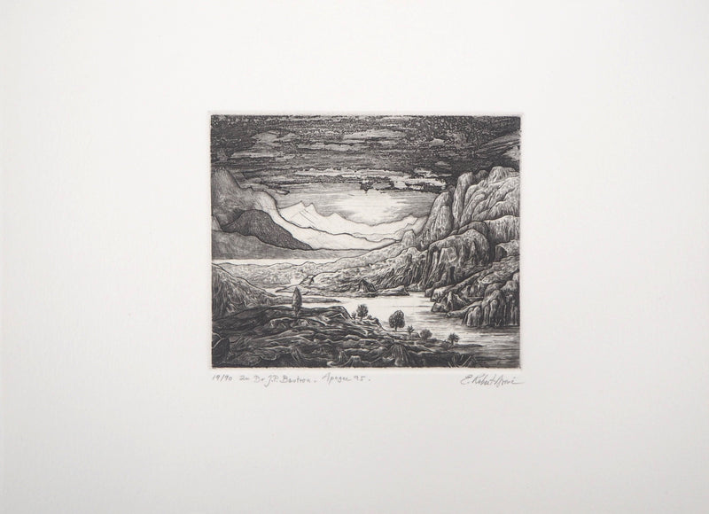 Eric ROBERT-AYME : Paysage surréaliste, Apogée, 1995 - Gravure (détail)