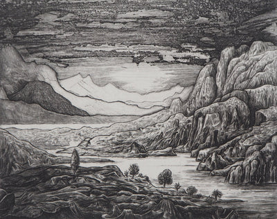 Eric ROBERT-AYME : Paysage surréaliste, Apogée, 1995 - Gravure (détail)