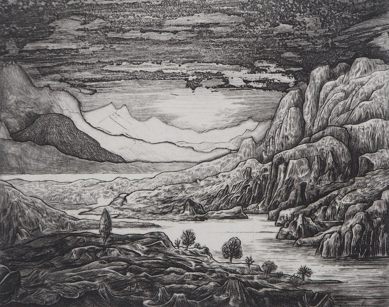 Eric ROBERT-AYME : Paysage surréaliste, Apogée, 1995 - Gravure (détail)