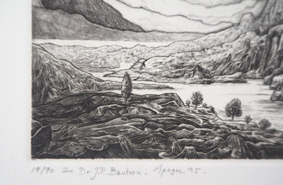 Eric ROBERT-AYME : Paysage surréaliste, Apogée, 1995 - Gravure (détail)