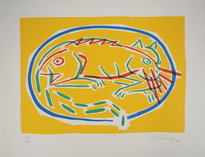 LLIMOS ROBERT : Chat et Poisson, 1987 - Lithographie